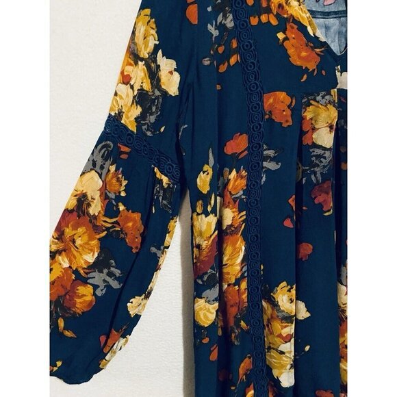 Blu Pepper Top Womens Large Navy Blue Boho Floral Lace Trim Hi Low Hem Peasant - Picture 4 of 10